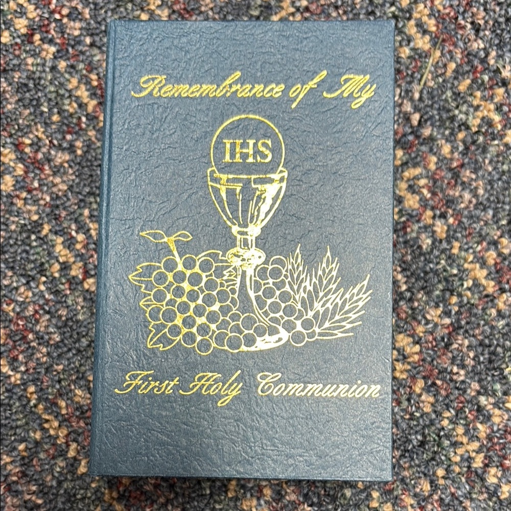 Preloved IHS First Holy Communion Remembrance statue inside book holder